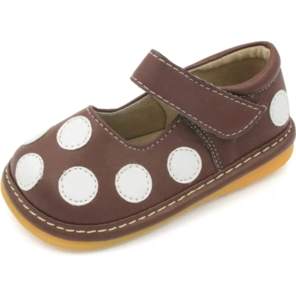 Little Mae's Boutique Brown Polka Dot Squeaky Mary Jane Shoes Toddler Size 4 NEW